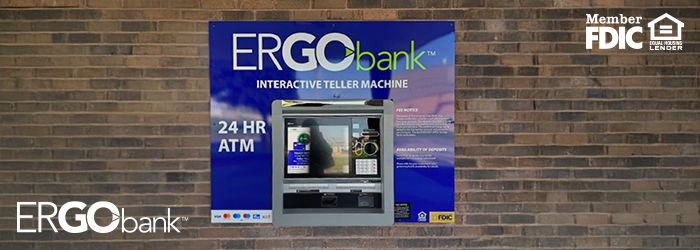 Image of an Ergo Bank Interactive Teller Machine on the brick wall of one of their branches.