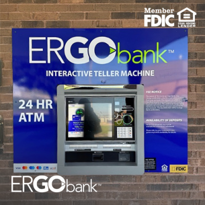 Image of an Ergo Bank Interactive Teller Machine on the brick wall of one of their branches.